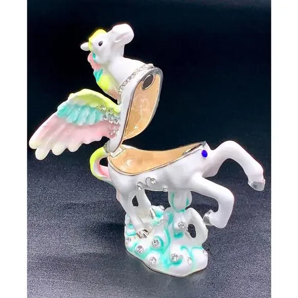 Winged Unicorn Trinket Box Enamel Rhinestone Pastel Gold Tone Keepsake - Picture 2 of 6
